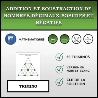 Trimino: Addition et soustraction de nombres décimaux positifs et négatifs