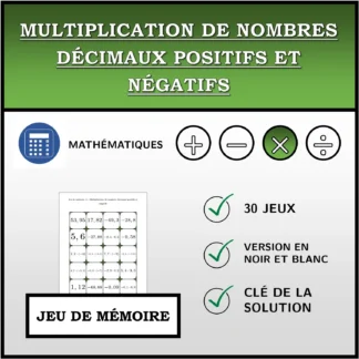 Jeu de mémoire: Multiplication de nombres décimaux positifs et négatifs
