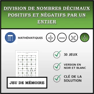 Jeu de mémoire: Division de nombres décimaux positifs et négatifs par un entier