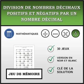 Jeu de mémoire: Division de nombres décimaux positifs et négatifs par un nombre décimal
