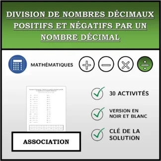 Exercice d'association: Division de nombres décimaux positifs et négatifs par un nombre décimal