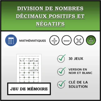 Jeu de mémoire: Division de nombres décimaux positifs et négatifs