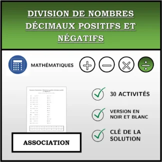 Exercice d'association: Division de nombres décimaux positifs et négatifs