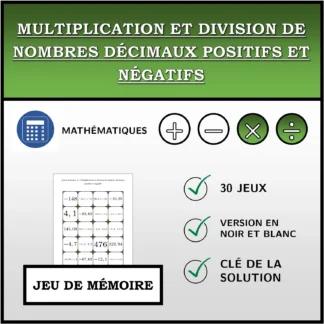 Jeu de mémoire: Multiplication et division de nombres décimaux positifs et négatifs