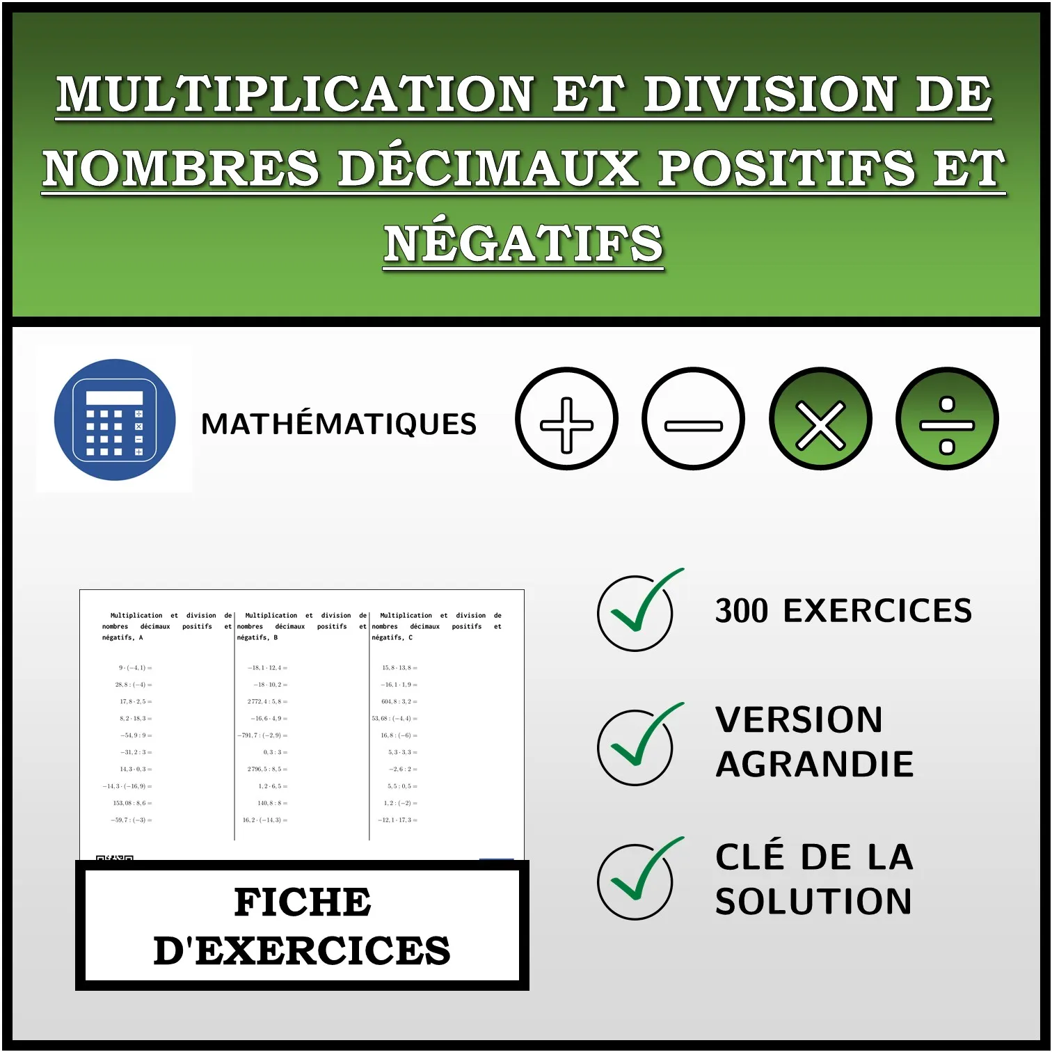 Fiche d'exercices: Multiplication et division de nombres décimaux positifs et négatifs