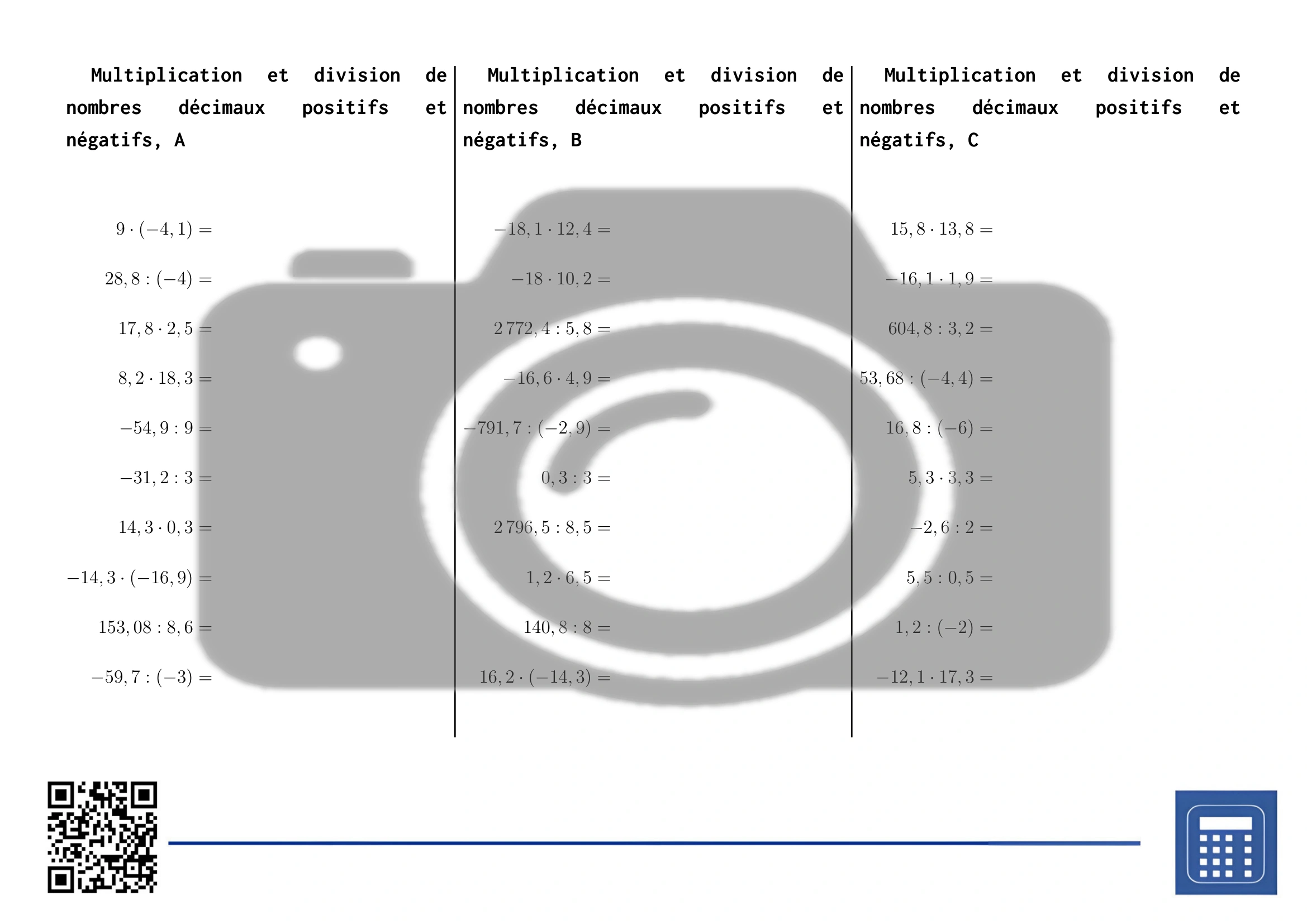 Fiche d'exercices: Multiplication et division de nombres décimaux positifs et négatifs – Image 2