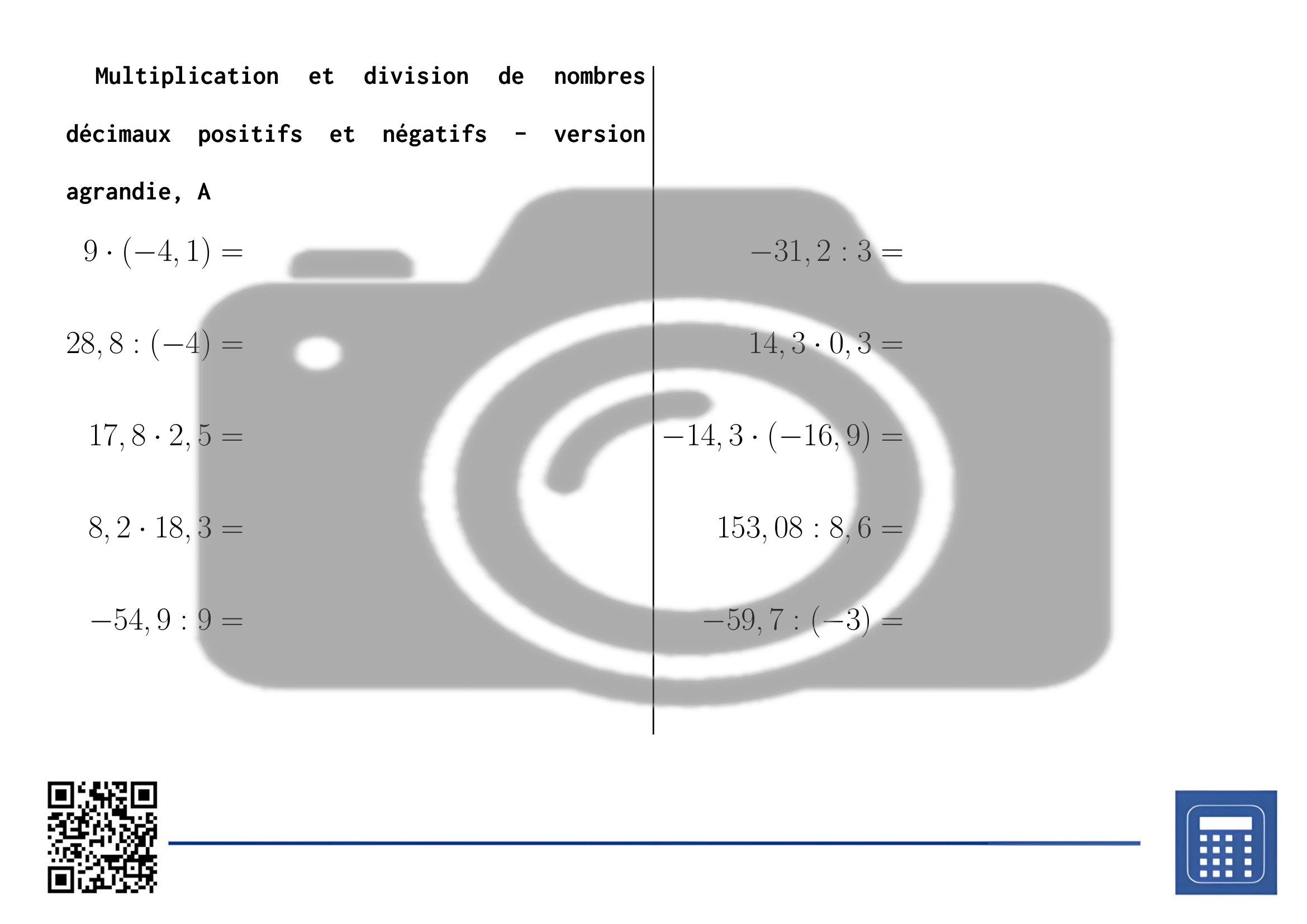 Fiche d'exercices: Multiplication et division de nombres décimaux positifs et négatifs – Image 3