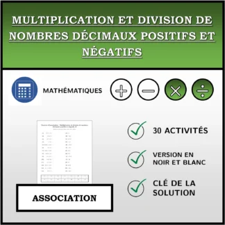 Exercice d'association: Multiplication et division de nombres décimaux positifs et négatifs