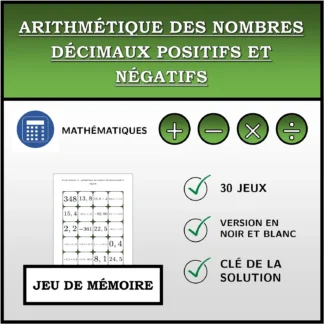 Jeu de mémoire: Arithmétique des nombres décimaux positifs et négatifs