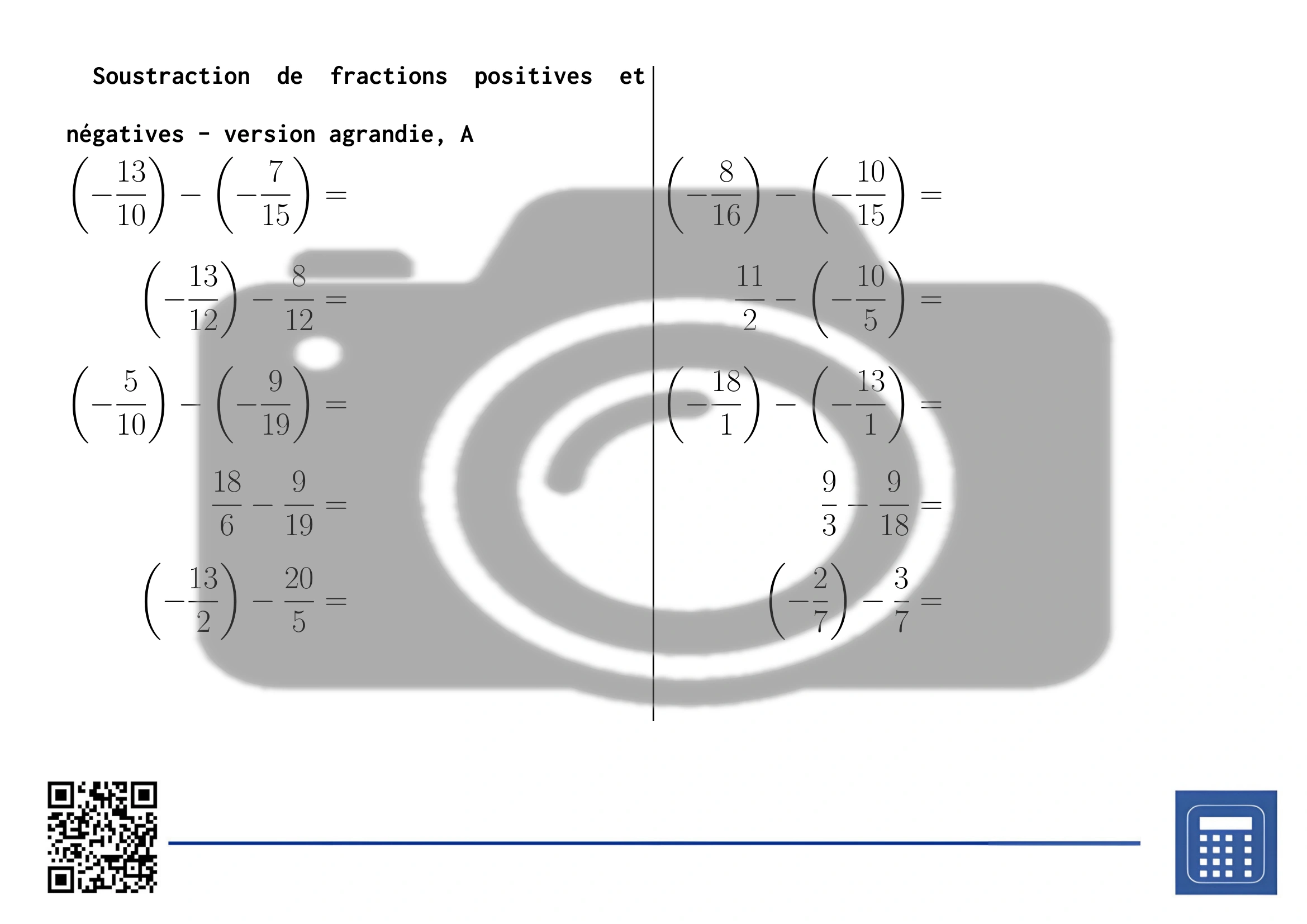 Fiche d'exercices: Soustraction de fractions positives et négatives – Image 3