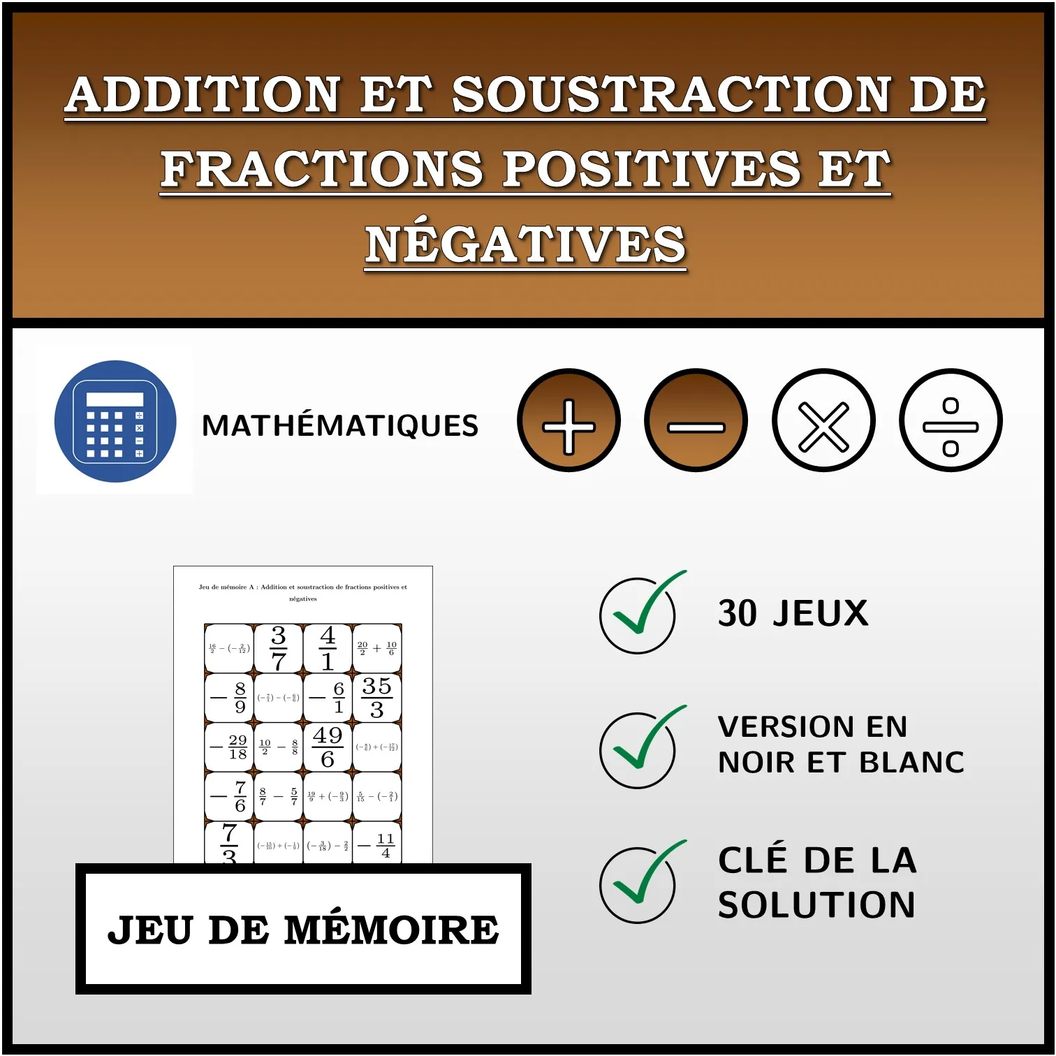 Jeu de mémoire: Addition et soustraction de fractions positives et négatives
