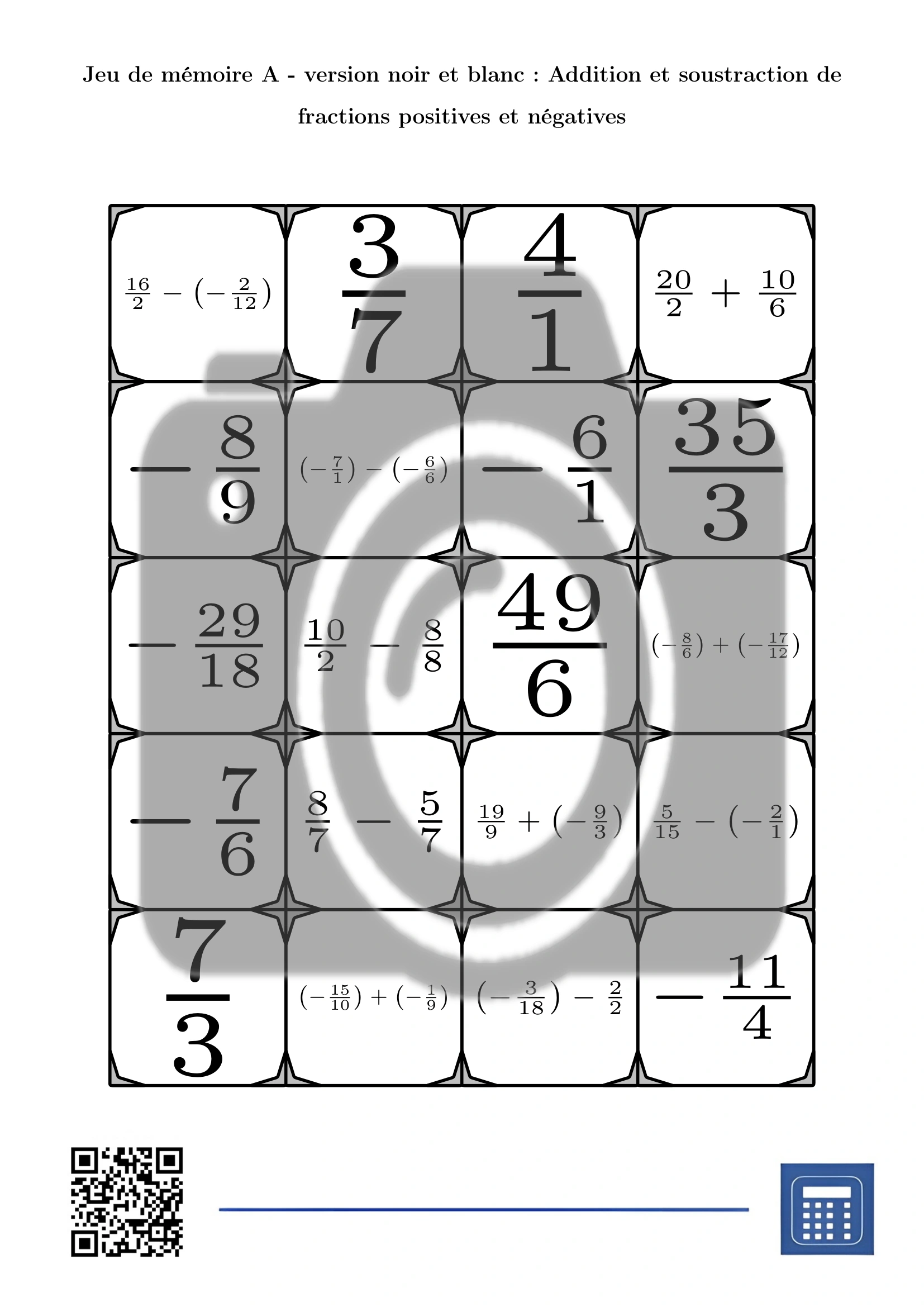 Jeu de mémoire: Addition et soustraction de fractions positives et négatives – Image 3