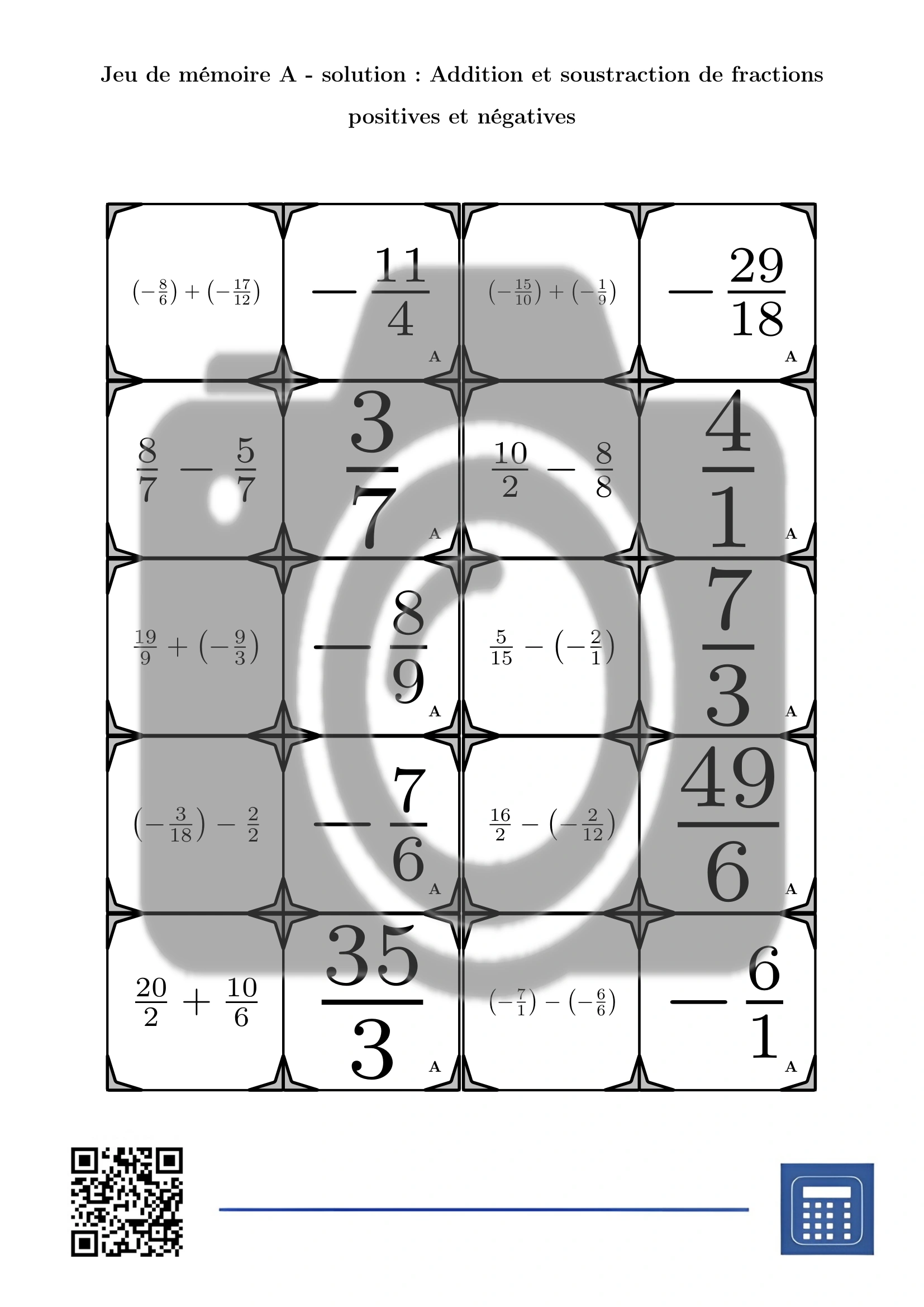 Jeu de mémoire: Addition et soustraction de fractions positives et négatives – Image 4