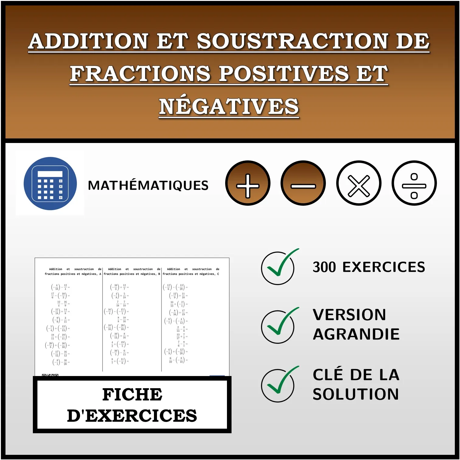 Fiche d'exercices: Addition et soustraction de fractions positives et négatives