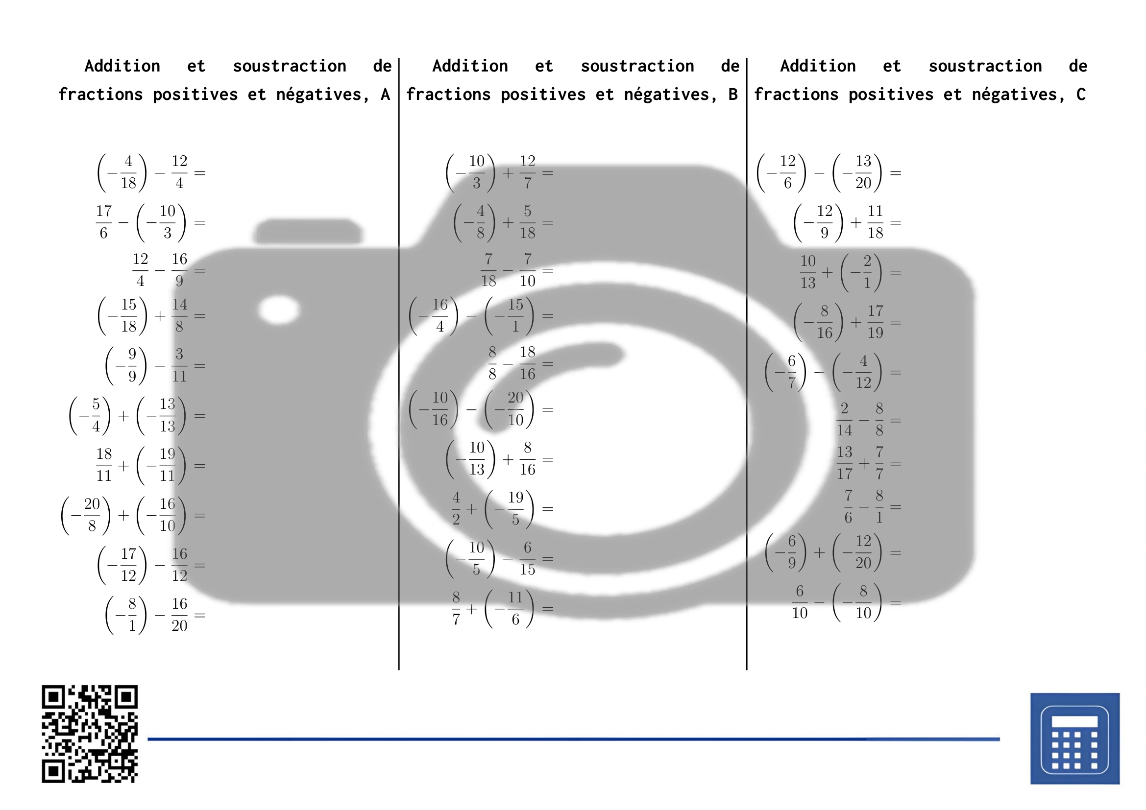 Fiche d'exercices: Addition et soustraction de fractions positives et négatives – Image 2