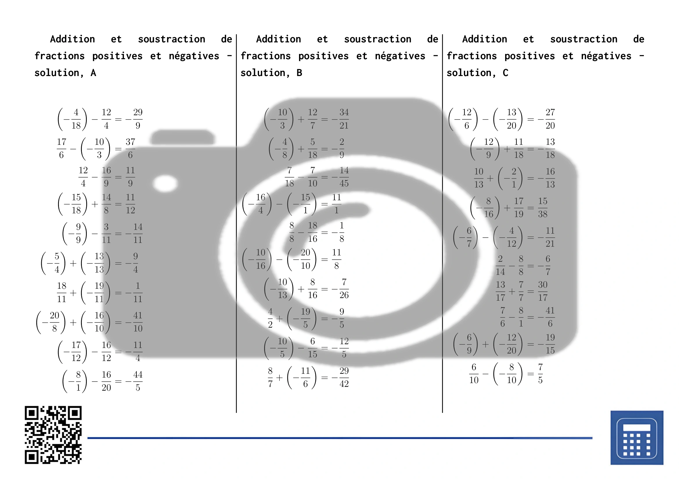 Fiche d'exercices: Addition et soustraction de fractions positives et négatives – Image 4