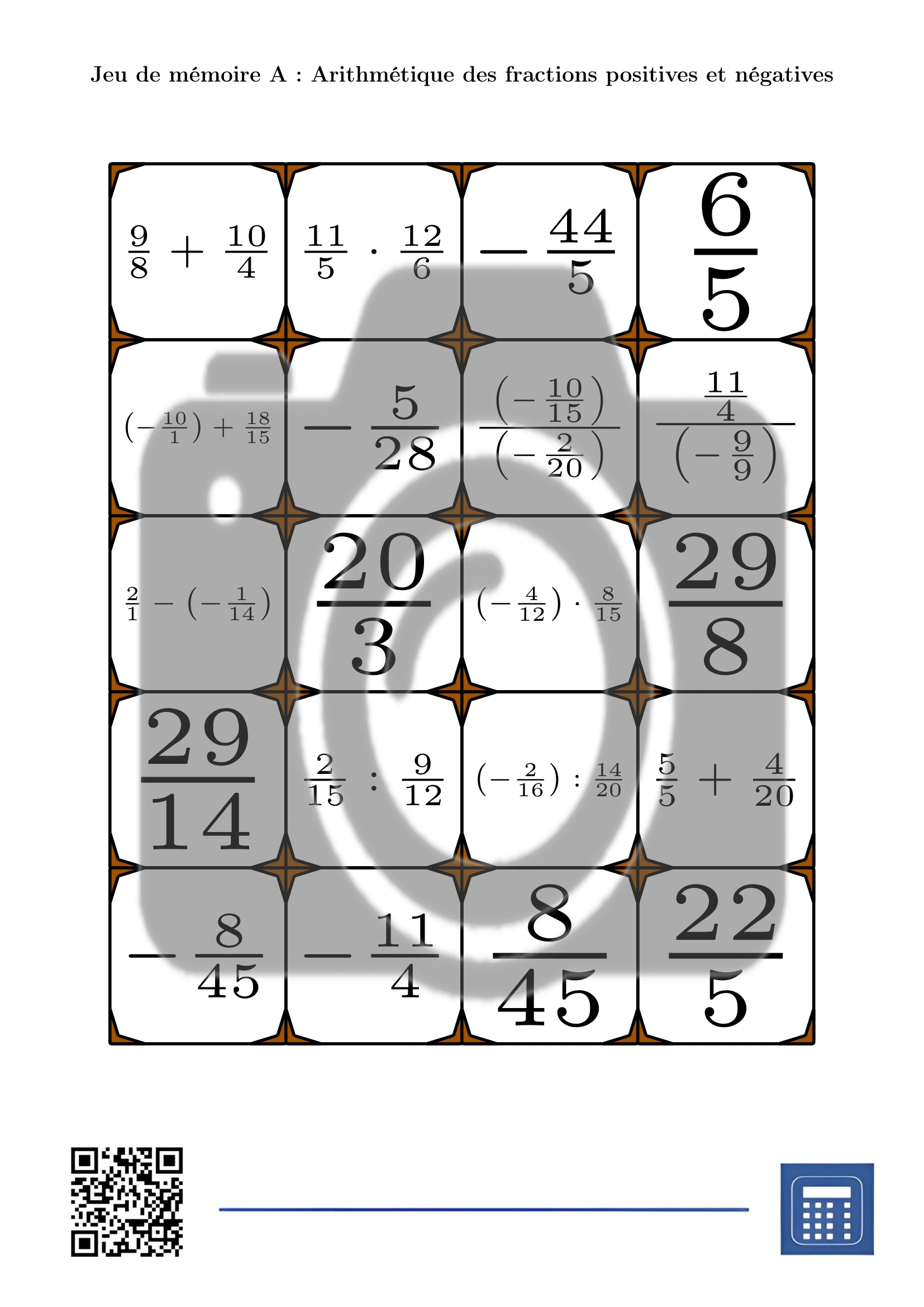 Jeu de mémoire: Arithmétique des fractions positives et négatives – Image 2
