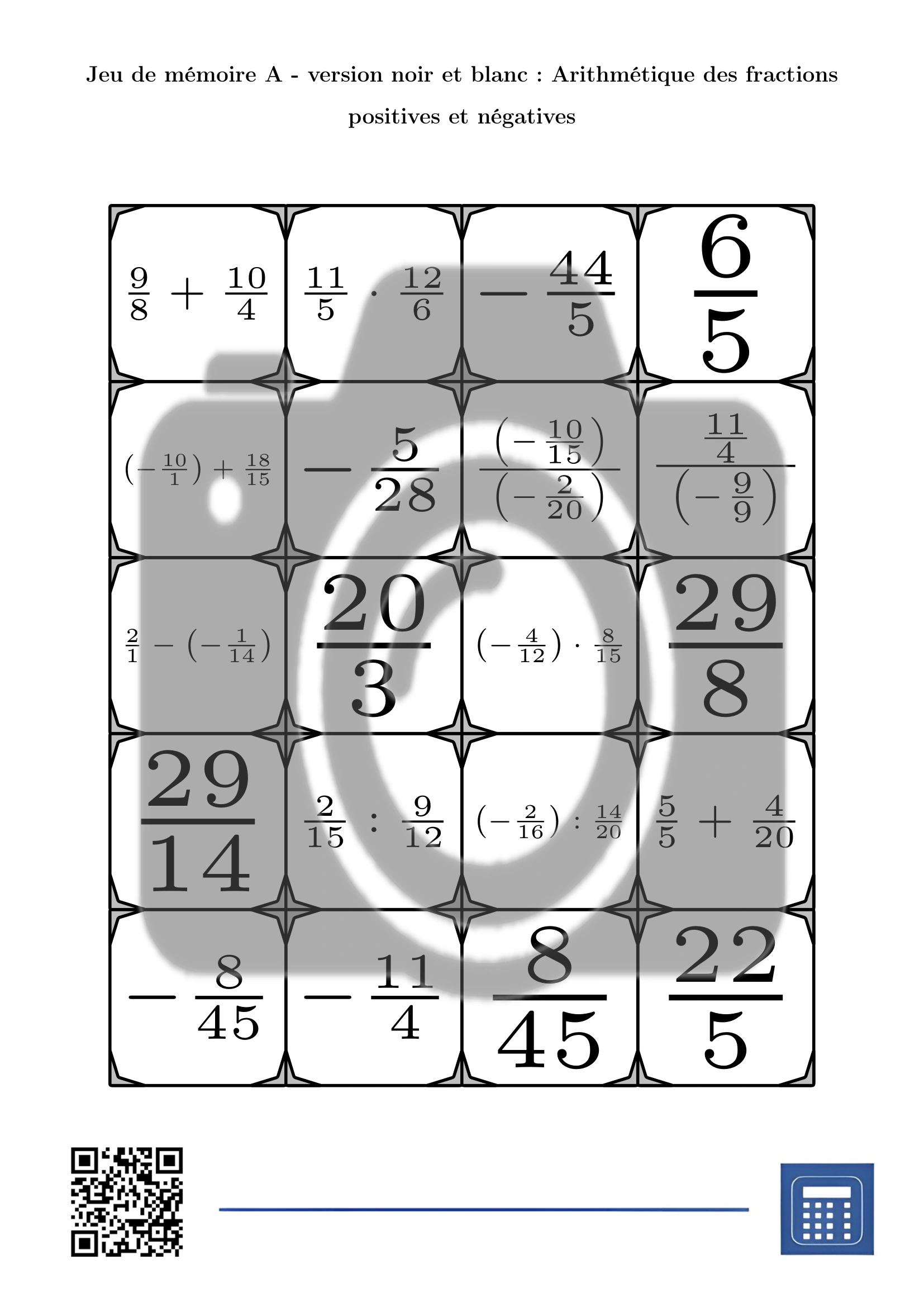Jeu de mémoire: Arithmétique des fractions positives et négatives – Image 3