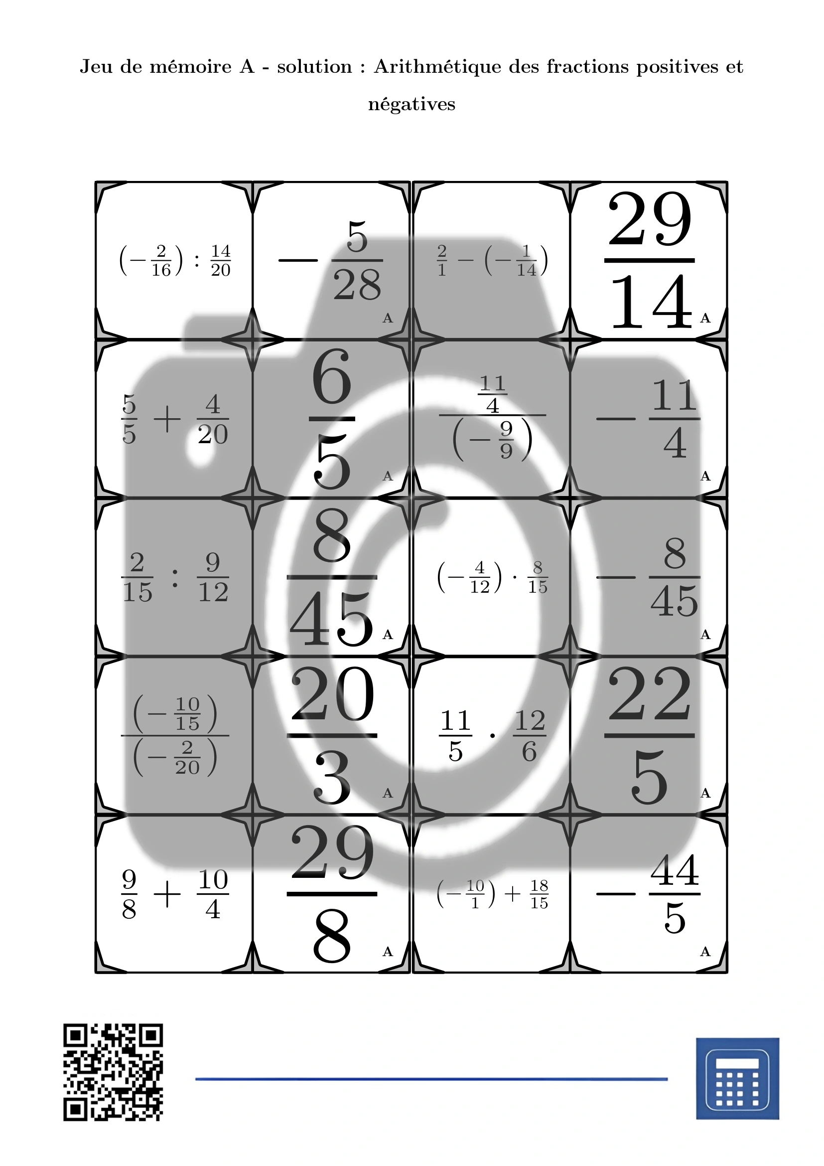 Jeu de mémoire: Arithmétique des fractions positives et négatives – Image 4