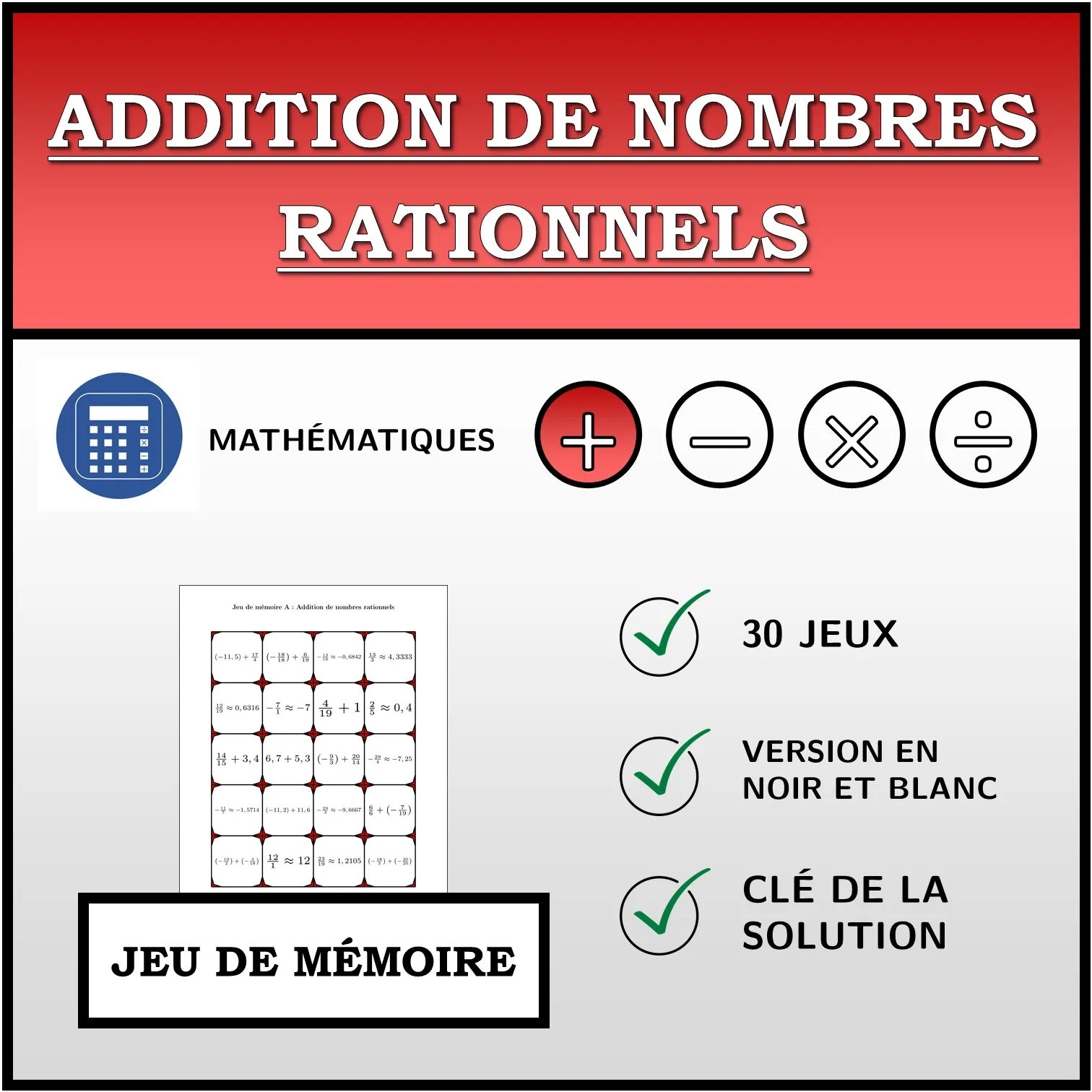 Jeu de mémoire: Addition de nombres rationnels