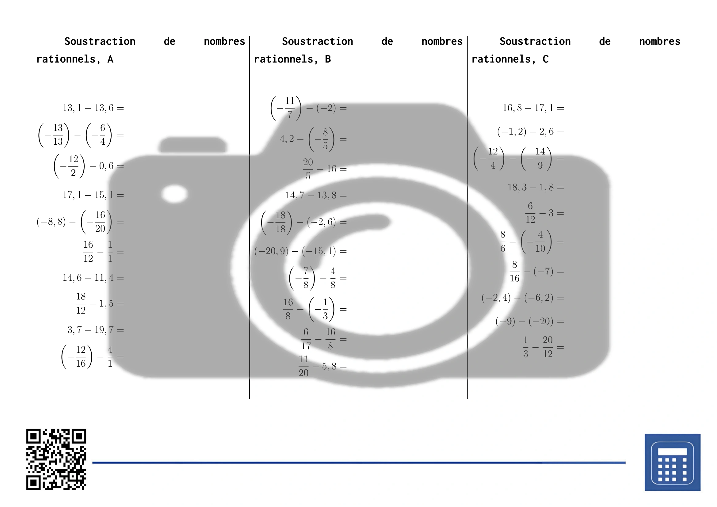 Fiche d'exercices: Soustraction de nombres rationnels – Image 2