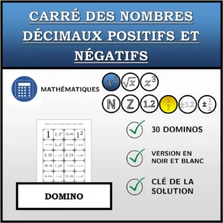 Domino: Carré des nombres décimaux positifs et négatifs