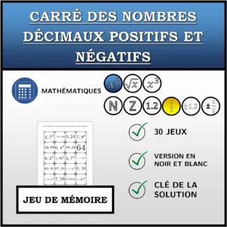 Jeu de mémoire: Carré des nombres décimaux positifs et négatifs