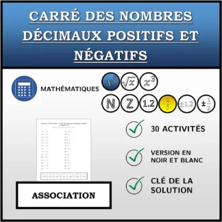 Exercice d'association: Carré des nombres décimaux positifs et négatifs