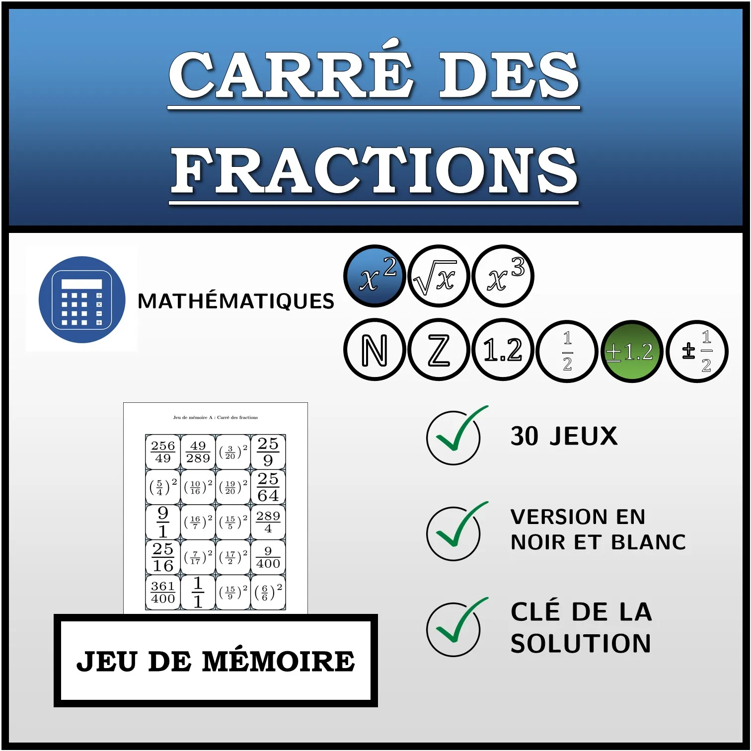 Jeu de mémoire: Carré des fractions