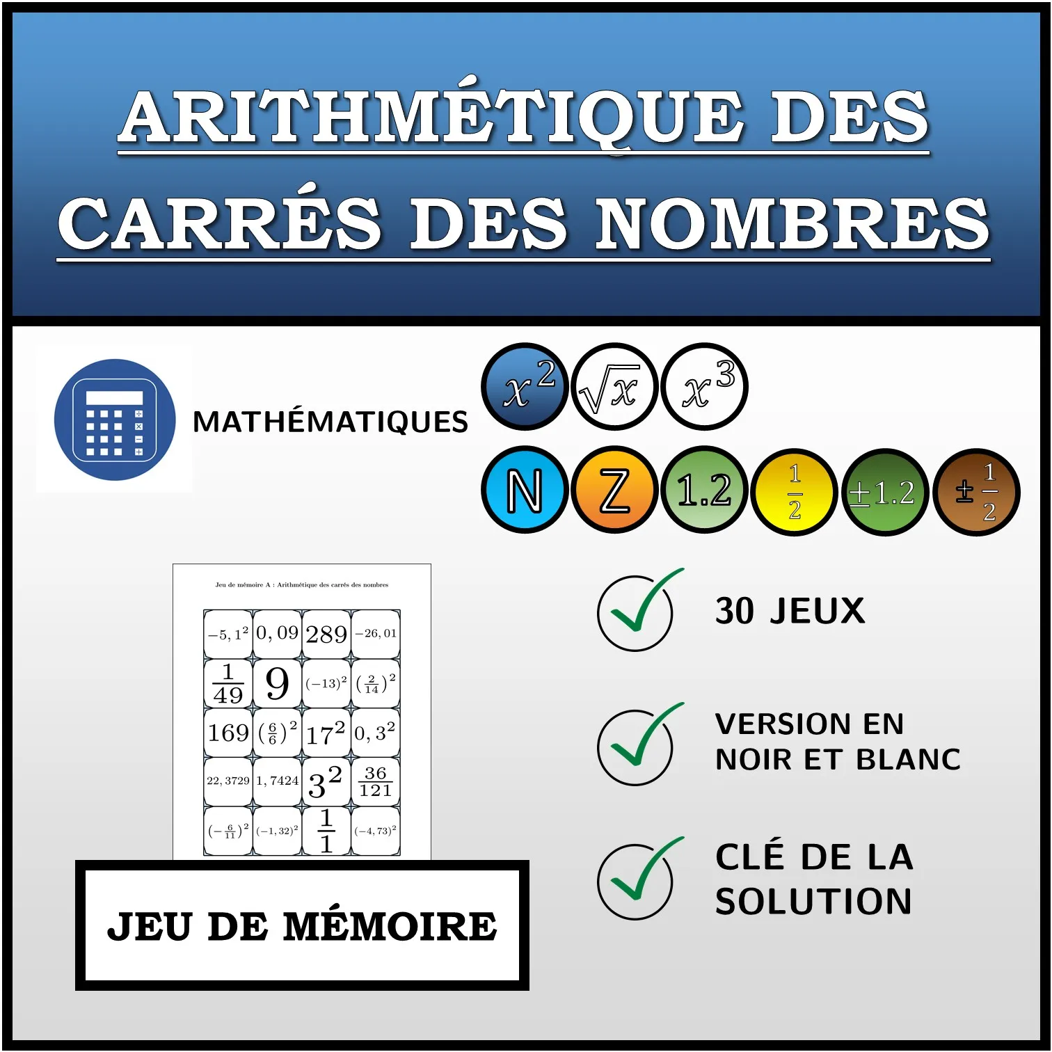 Jeu de mémoire: Arithmétique des carrés des nombres