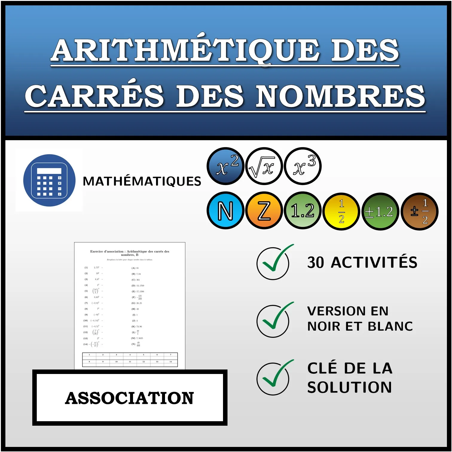 Exercice d'association: Arithmétique des carrés des nombres