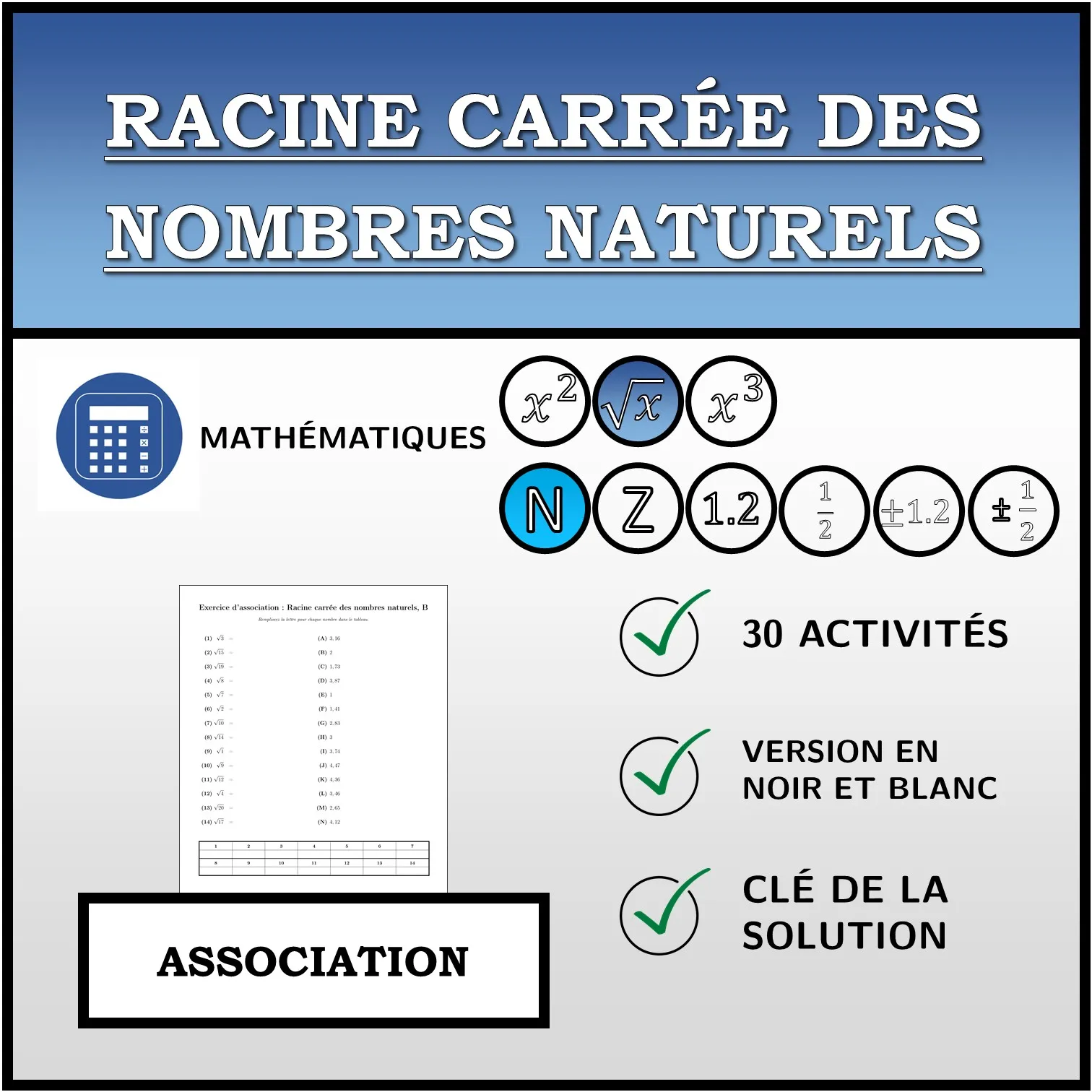 Exercice d'association: Racine carrée des nombres naturels