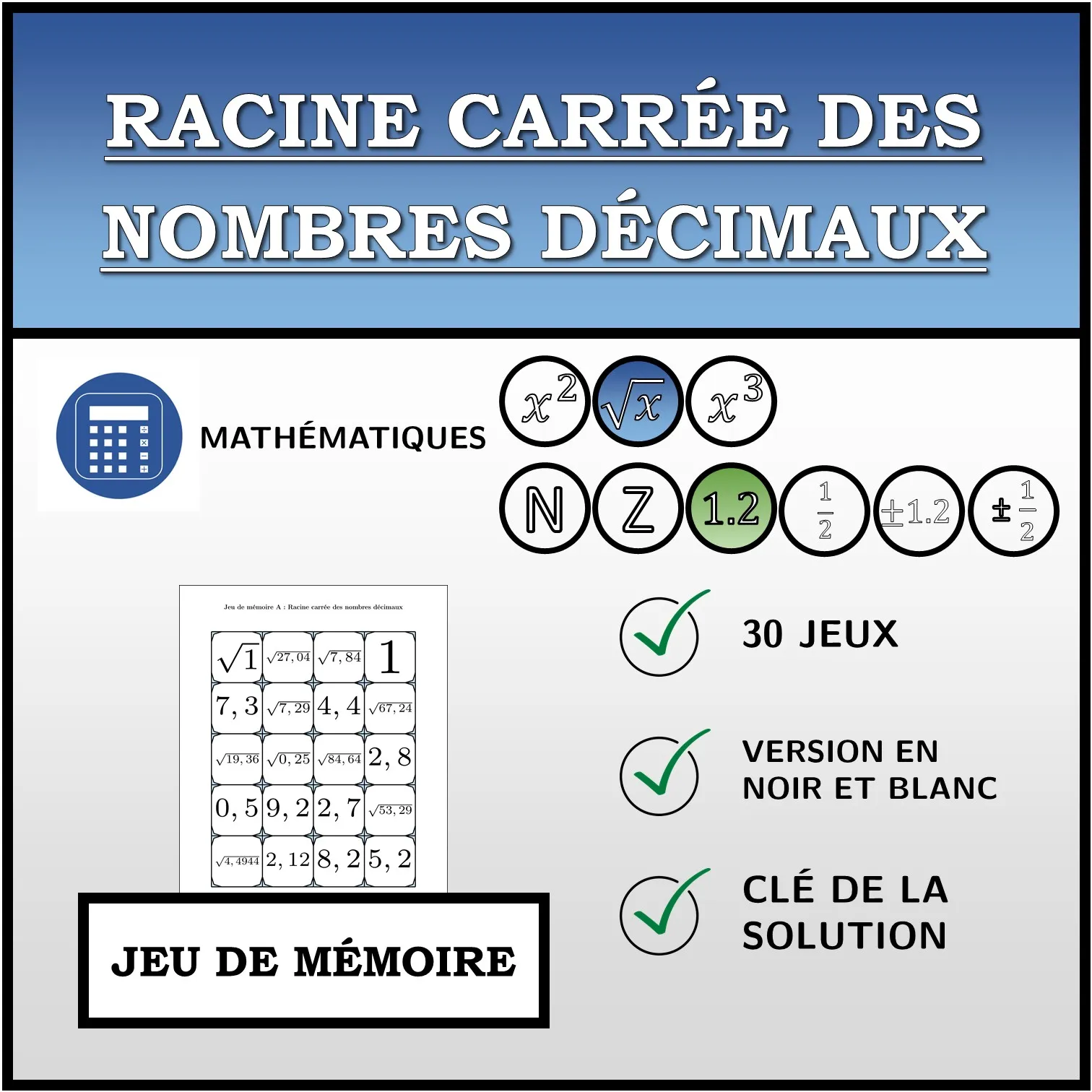 Jeu de mémoire: Racine carrée des nombres décimaux