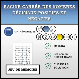Jeu de mémoire: Racine carrée des nombres décimaux positifs et négatifs