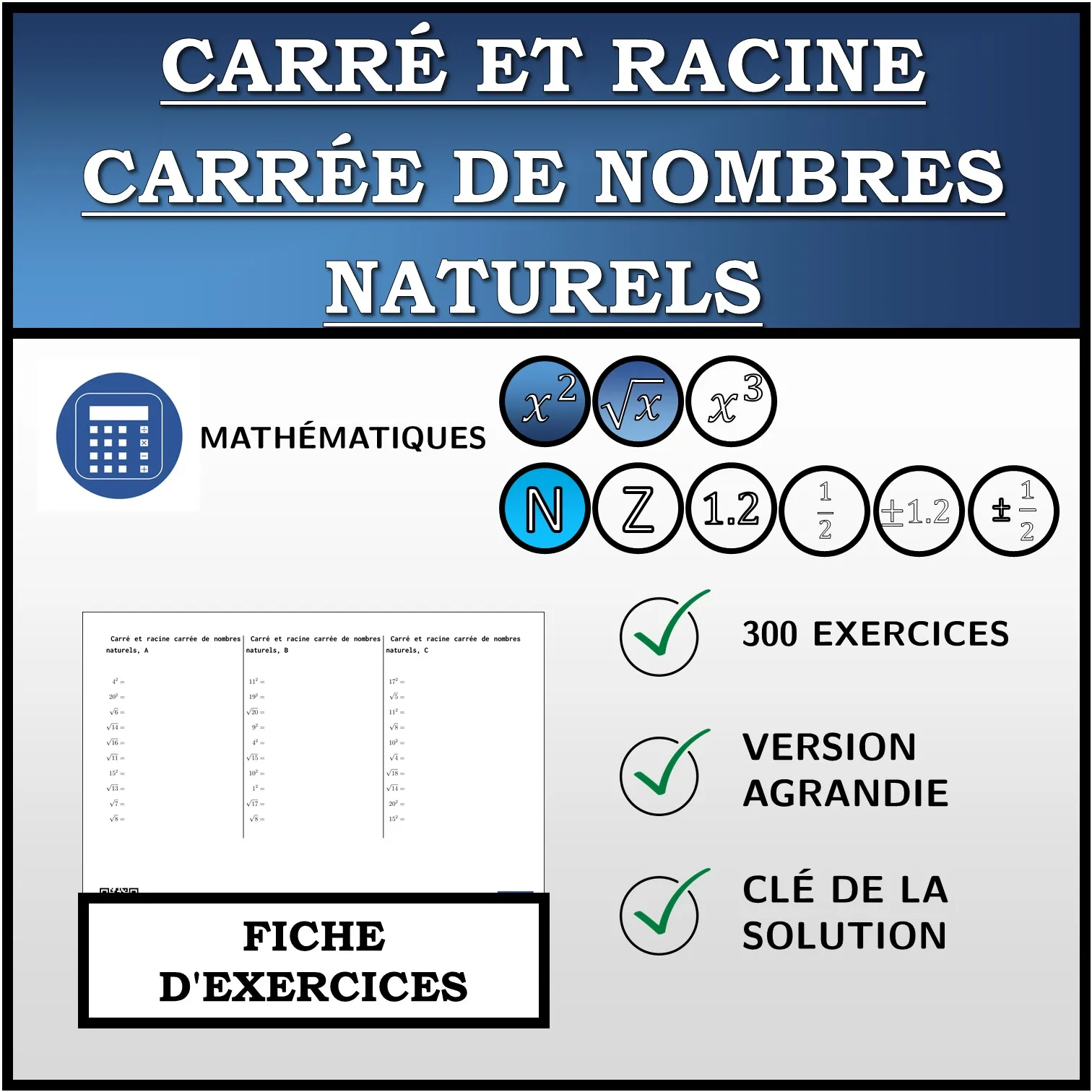 Fiche d'exercices: Carré et racine carrée de nombres naturels