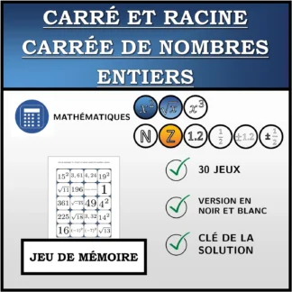 Jeu de mémoire: Carré et racine carrée de nombres entiers