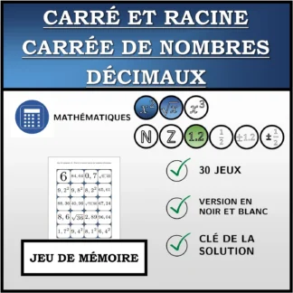 Jeu de mémoire: Carré et racine carrée de nombres décimaux