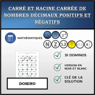 Domino: Carré et racine carrée de nombres décimaux positifs et négatifs