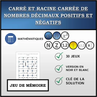 Jeu de mémoire: Carré et racine carrée de nombres décimaux positifs et négatifs
