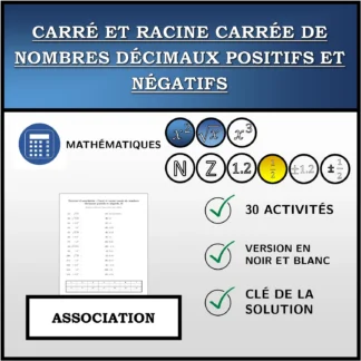 Exercice d'association: Carré et racine carrée de nombres décimaux positifs et négatifs