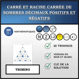 Trimino: Carré et racine carrée de nombres décimaux positifs et négatifs